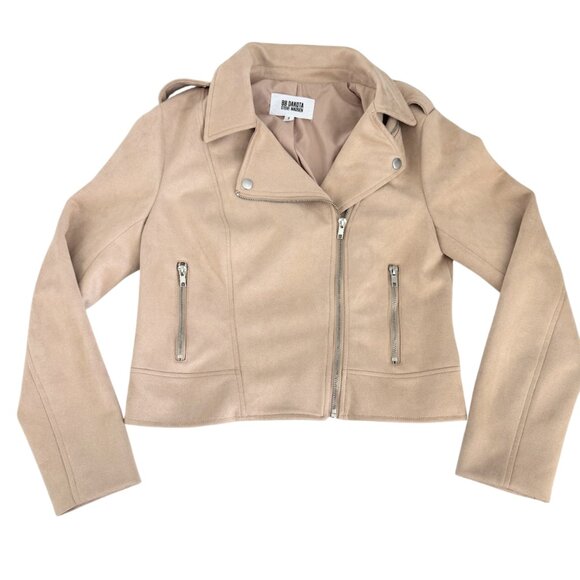 BB Dakota Steve Madden Faux Suede Moto Biker Jacket Tan Cropped Zip S - Picture 10 of 12